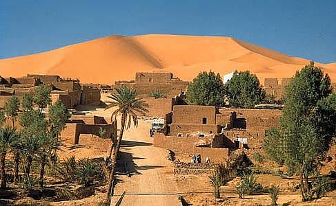 Auf diesem Bild ist ein Teil der Westsahara zu sehen. Zu sehen sind auch Bäume, Palmen und viel Sand 