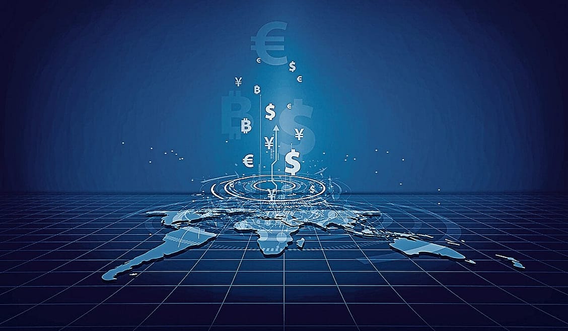 Auf diesem Bild ist eine Grafik der Weltkarte zu erkennen, die nach oben alle Währungen wiederspiegelt