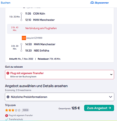 Auf dem Bild ist die Flugverbindung mit dem tatsächlich verfügbaren Preis zu sehen