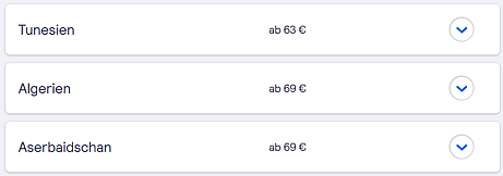 Auf dem Bild sieht man die Flugpreise in die einzelnen Ländern