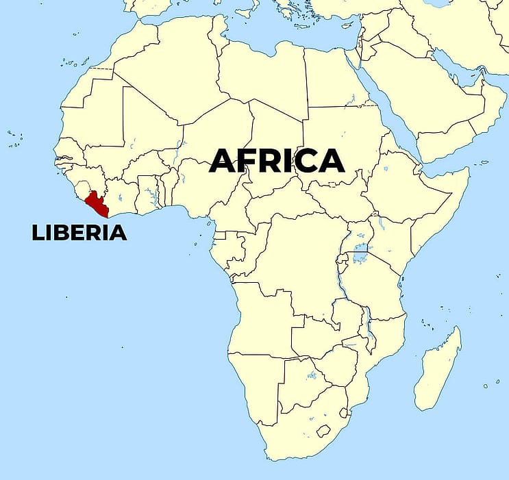 Auf diesem Bild ist eine Landkarte von Africa zu sehen, auf der Liberia eingezeichnet ist 