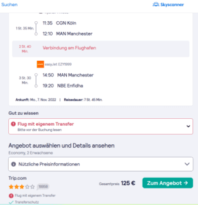 Auf dem Bild ist die Flugverbindung mit dem tatsächlich verfügbaren Preis zu sehen